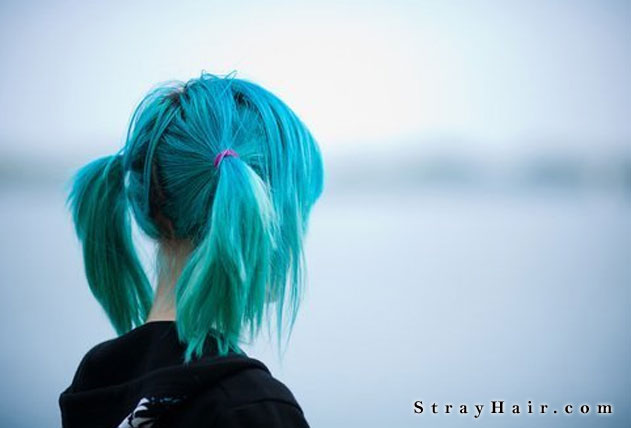 blue - green hair in pony tails