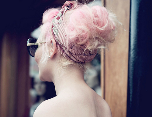 pink and blonde updo with bandana